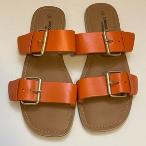 London Rebel Leather Double Buckle Slides in Orange 9